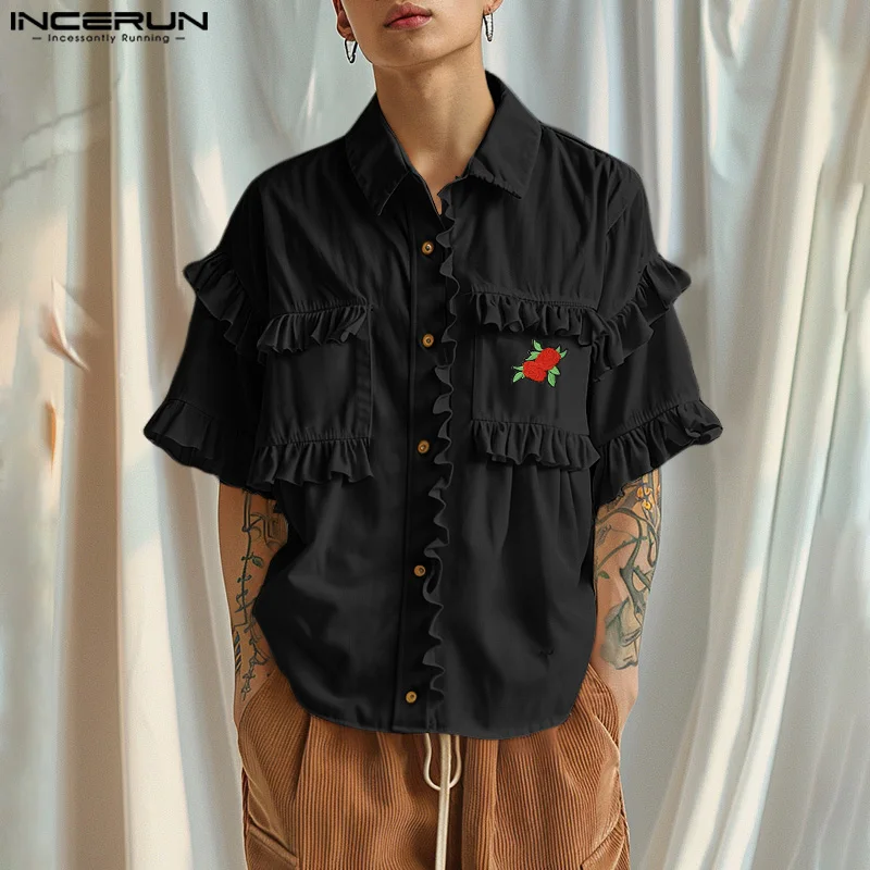 INCERUN Men Shirt Ruffle Flower Embroidery Lapel Short Sleeve Summer Men Clothing Streetwear 2024 Fashion Casual Male Shirts