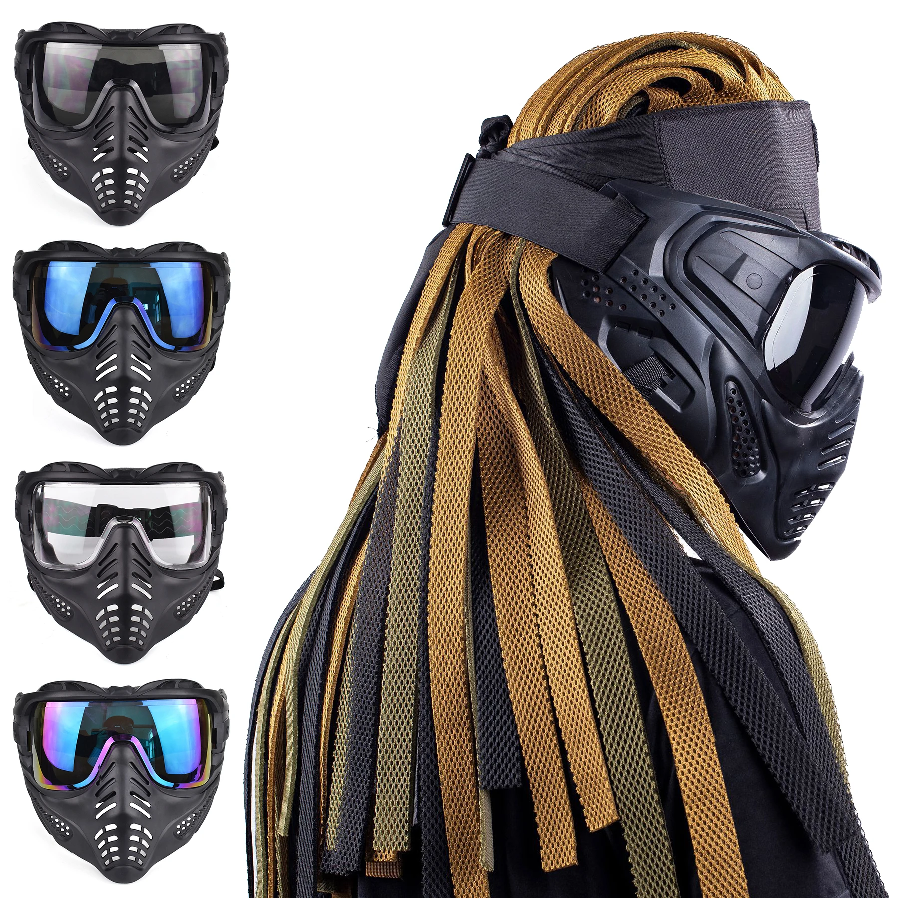 Tactisch Volledig Gezichtsmasker Indy Vuile Gevlochten Voorhoofd Hoofddeksel Maskers Set Militaire Jacht Paintball Airsoft Beschermende Maskers