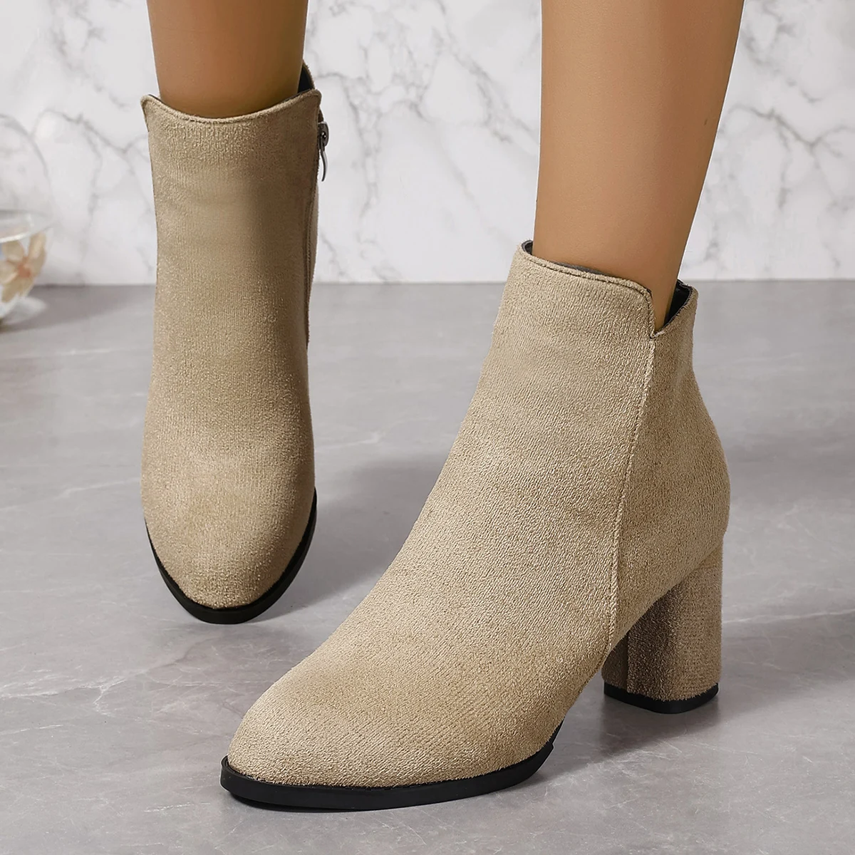 

2025 Women Retro Ankle Boots Autumn Winter High Heels Short Boots Fashion Flock Party Shoes Women Big Size Zapatos De Mujer