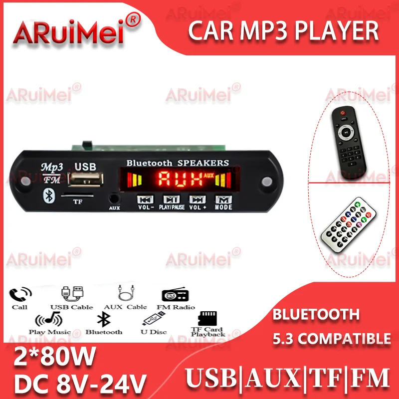 

160W Bluetooth Amplifier Board 2 * 80W with Handsfree Call TF/USB/FM Radio 8-24V for Car Home Stereo CE Certified Free Shipping