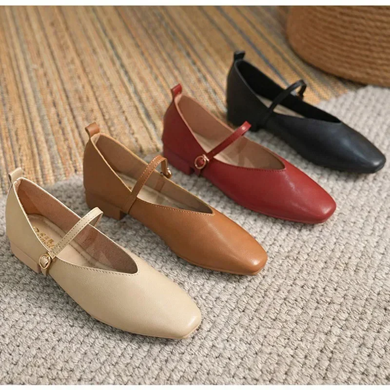 

Woman Spring Casual Square Toe Low Soft Soled Lolita Flats Ballerina Red Female Elegant French Retro Buckle Mary Janes