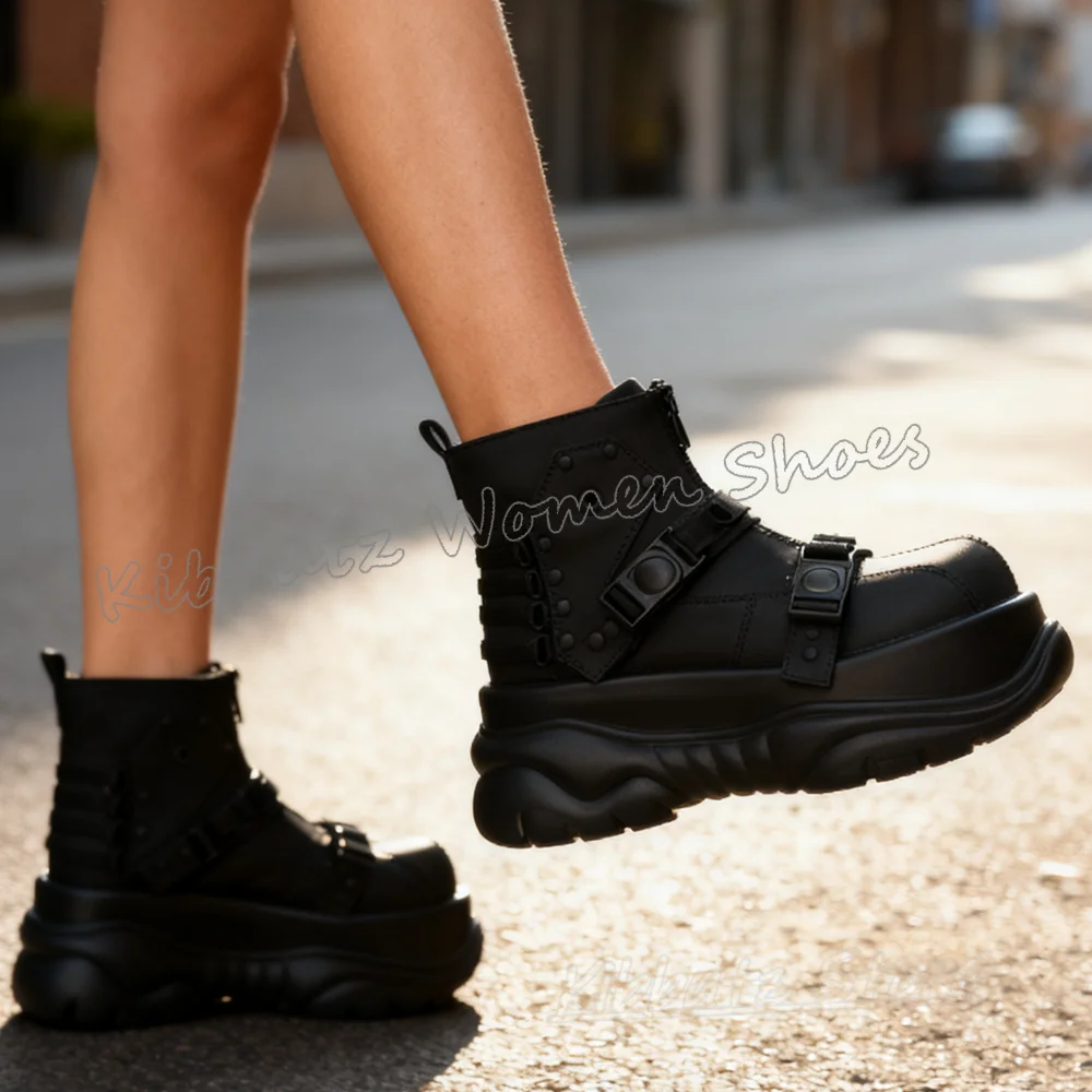 Ankle Modern Boots Platform Zipper Leather Solid Color Button Fashion Luxury Elegant Concise Sexy Round Toe Thick Bottom Shoes
