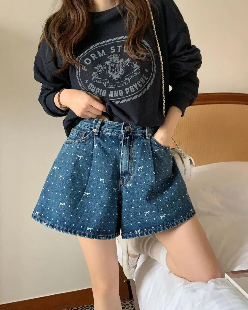 High Waist Polka Dot Denim Shorts Women's Sweet Waist Cinching  Knot Wide Leg Short Pants Spring Summer Blue Jeans