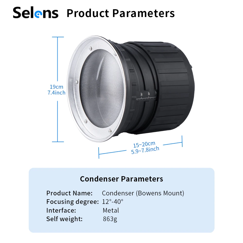 Selens Bowens Mount Condenser Light Photography Video Spotlight Fill Light Stabilized Zoom Photo Studio Photography Accessories