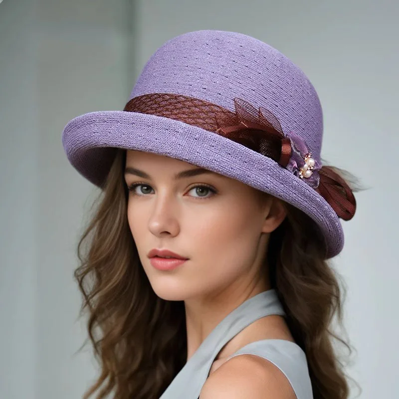 202 Hot-selling Hats Women\'s European and American New Flower Small Pot Hats Fashionable Woolen Curved Brim Top Hat