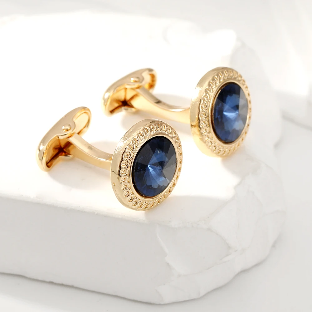 Mens Classic Black And Blue Crystal Round Cufflinks Golden And Silvery Colors Plated Whale Back Closure Cuff Button