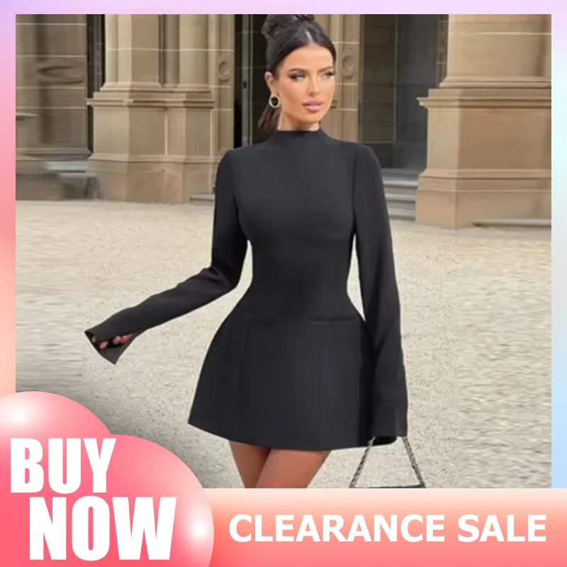 Women Black Long Sleeve O Neck Dress Fasion Elegant Backless A-line Mini Gown Female Spring New Party Evening Vestidos 2025