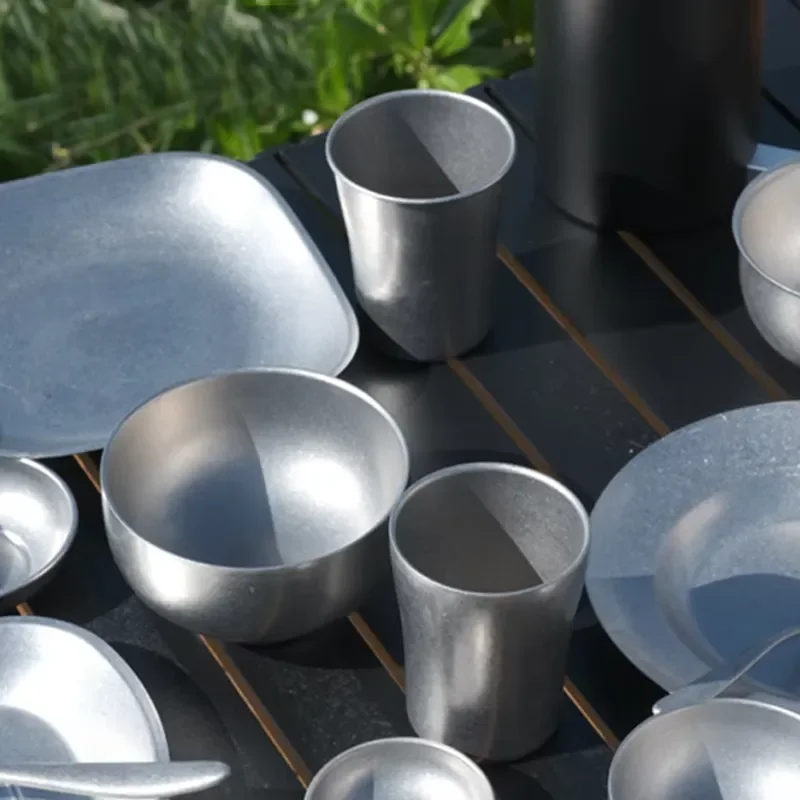 for Vintage Style Stainless Steel Plate Outdoor Tableware Dinner Set Camping Picnic Coffee Cup Western Dining Plates