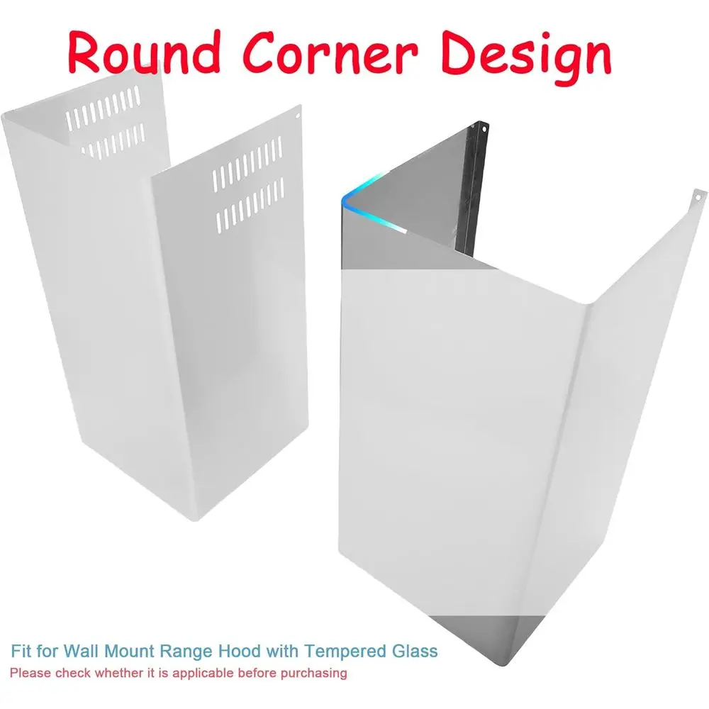 Okap kuchenny montowany na ścianie, ze stali nierdzewnej, z kominem i osłoną na rurę odprowadzającą powietrze, do sufitu o wysokości do 2,7 m.