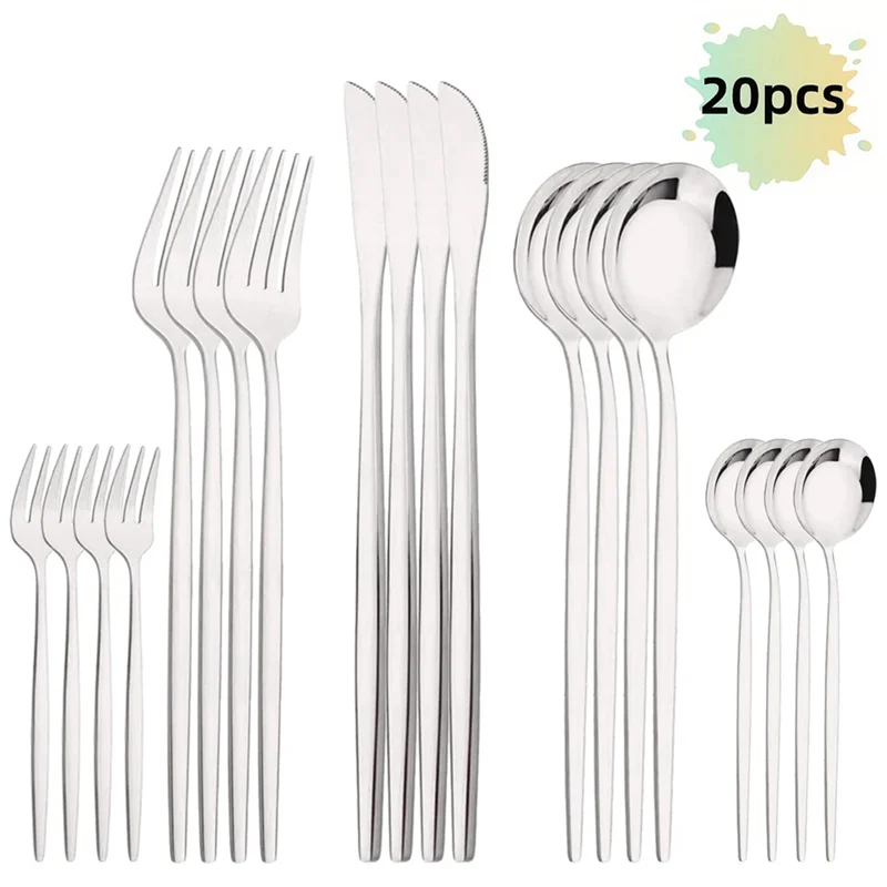 

Hot Sale-20Pcs Silver Cutlery Set Spoon Fork Dinner Steak Knife Fruit Stainless Steel Dinnerware Kitchen Tableware Silverware