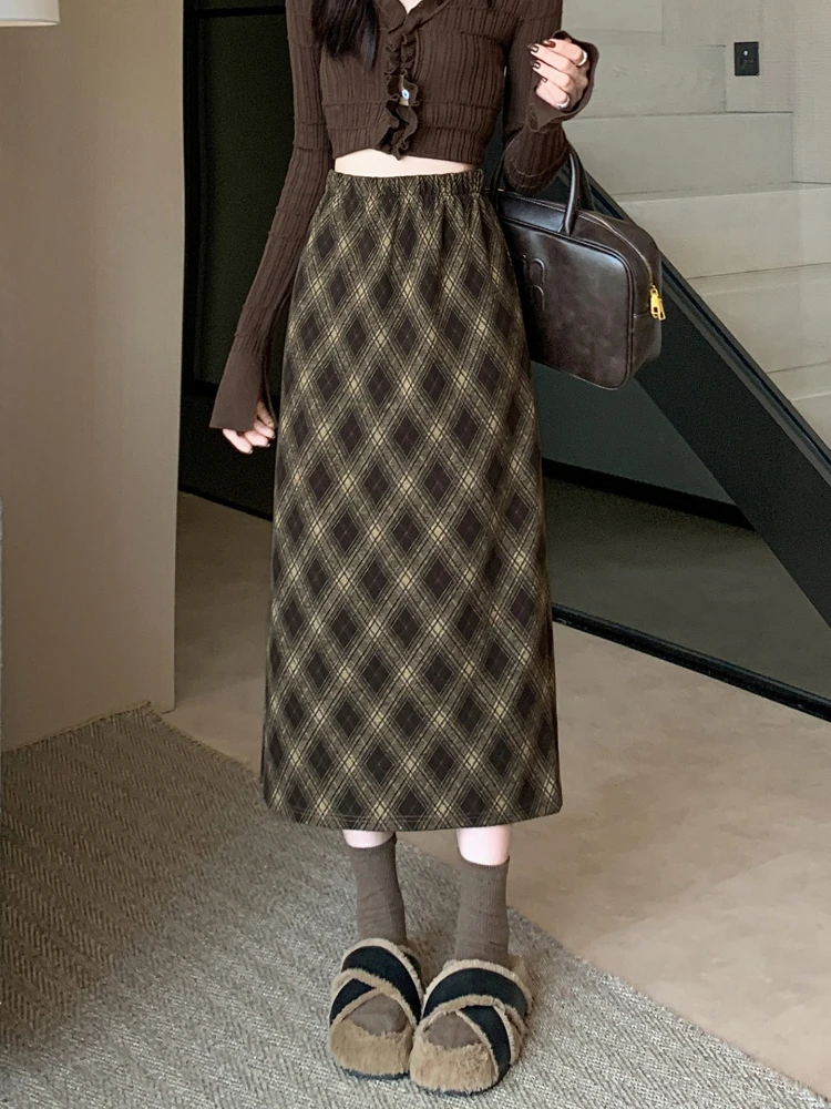 

Шерстяная юбка в клетку в стиле ретро, женская осенне-зимняя юбка с завышенной талией и тонким разрезом А-силуэта средней длины, обнимающая бедра
