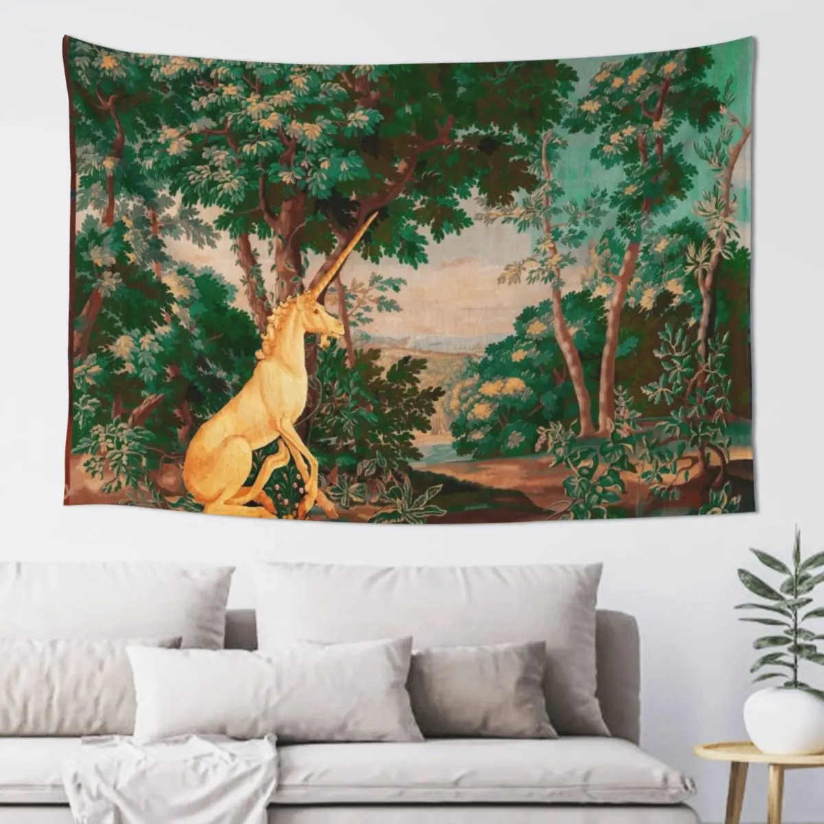 

UNICORN IN WOODLAND LANDSCAPE AMONG GREENERY AND TREESPink Green Hues Tapestry Decorative Wall Mural Home Decoration Tapestry