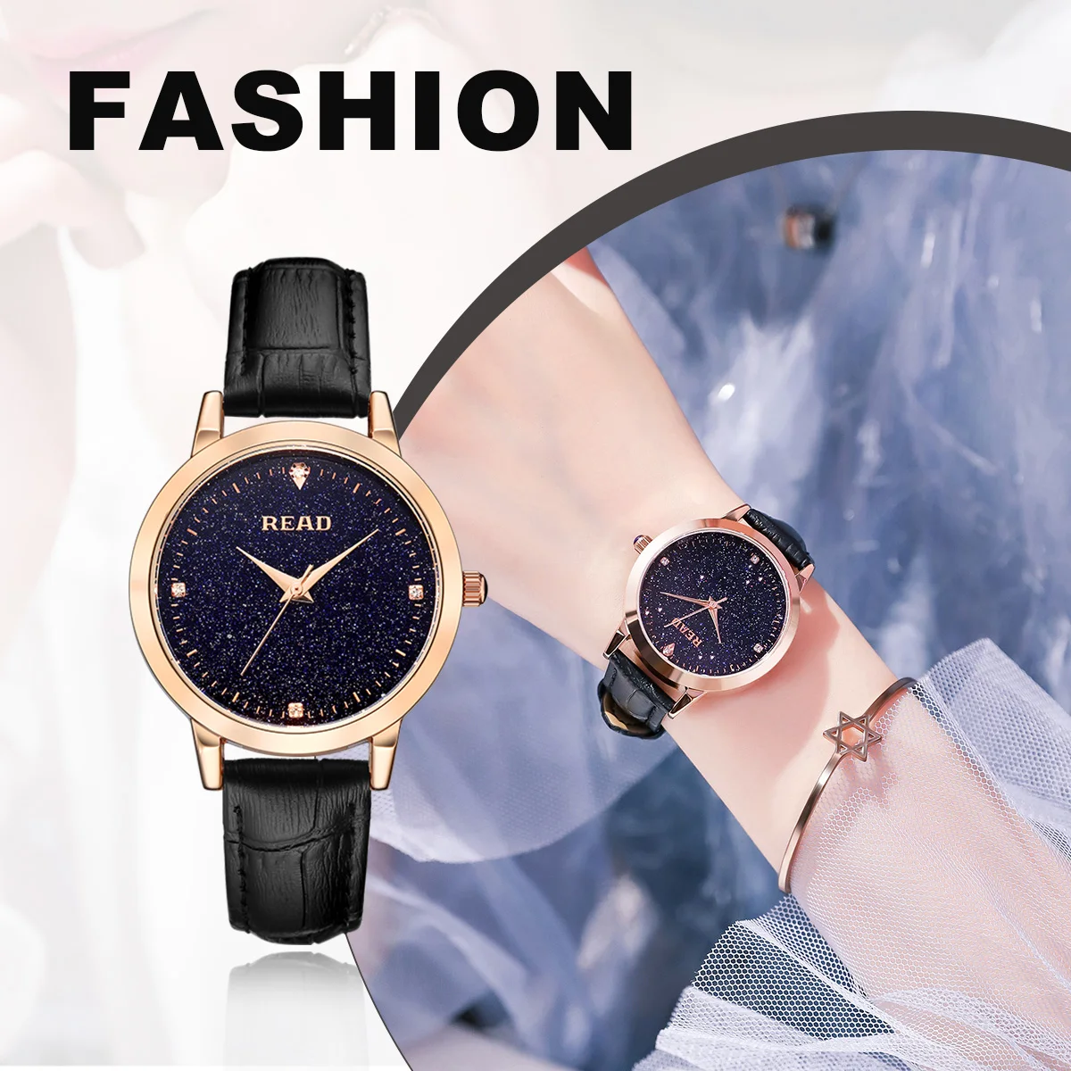 READ Ladies Analog Wrist Watch | Simple Round Case | Sparkle Dial | Pin Buckle | Daily Water Resistant Dress Watch
