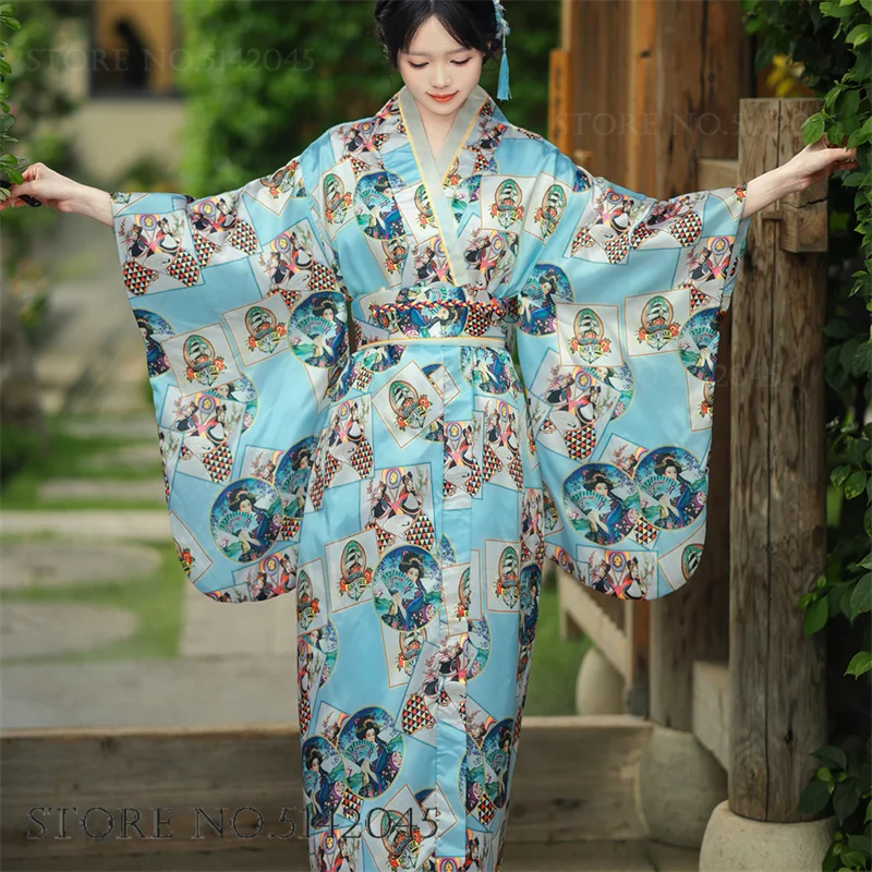 japanese traditional kimono dress blue Print Floral Womens Elegant Asian Sakura Girl Kimono Geisha Cosplay Costume Sexy Yukata Haori shoes and wig are