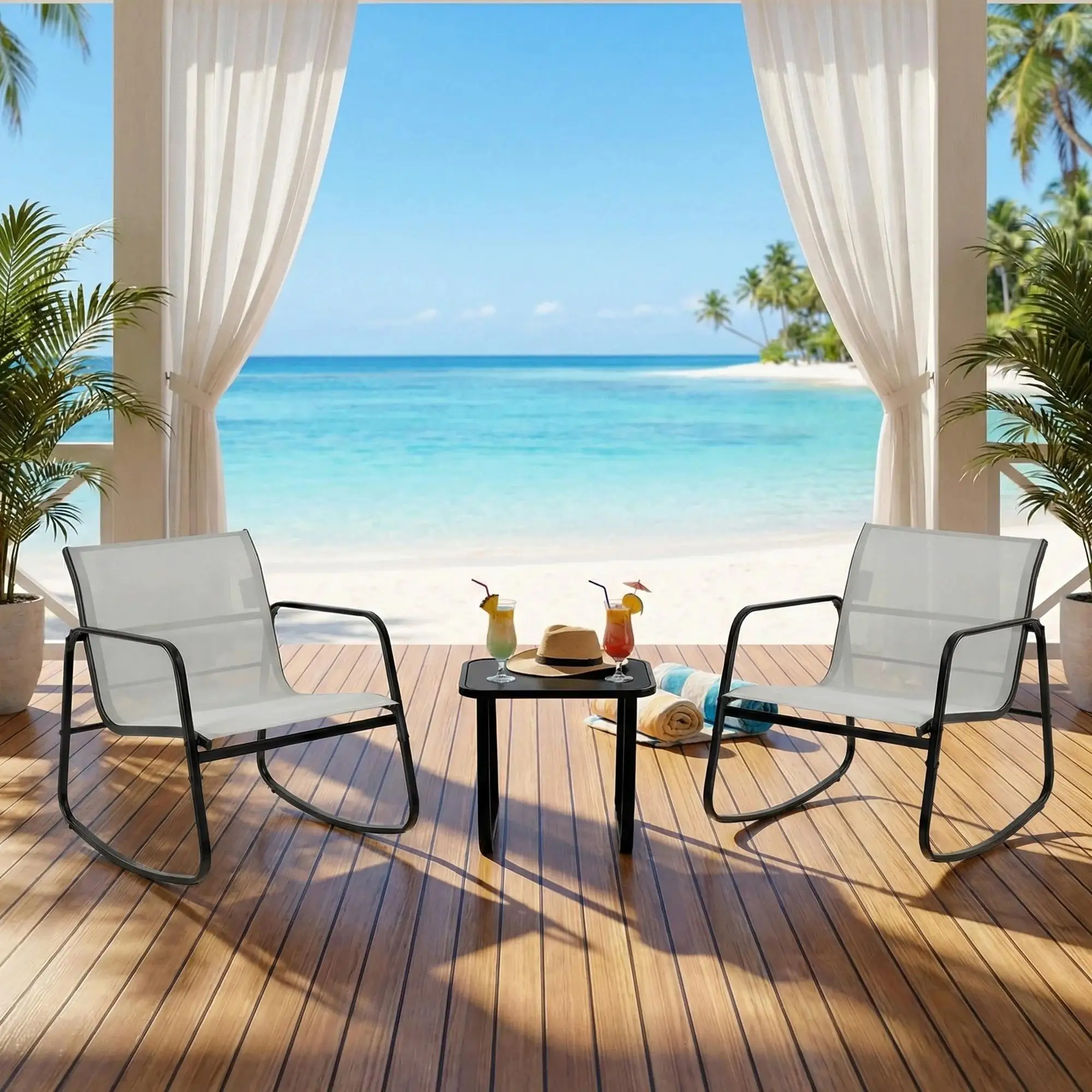 Three-Piece Outdoor Rocking Chair and Small Dining Table Set Textilene Fabric Small Patio Furniture Combination Porch Rocking