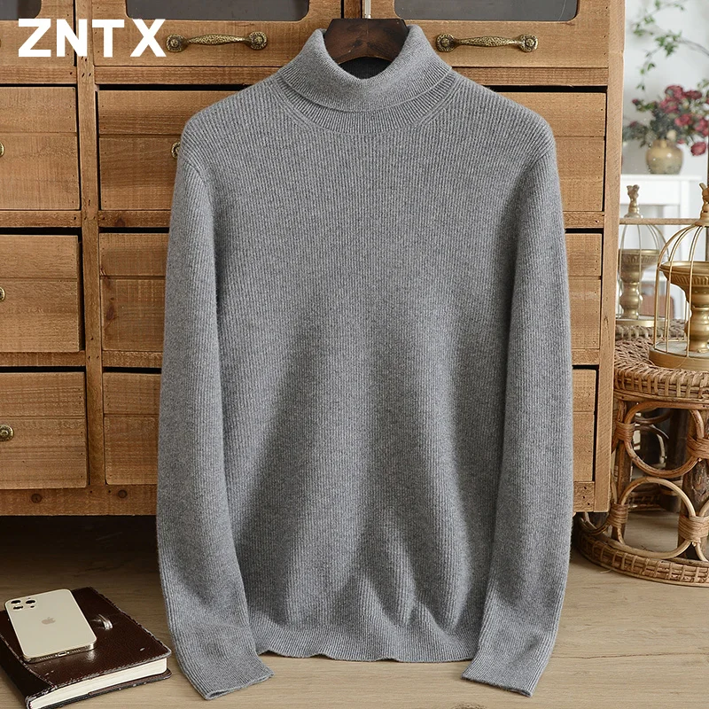 ZNTX Men's 100% pure cashmere sweater winter thickened warm lapel solid color knitted sweater with Korean style youth vitality