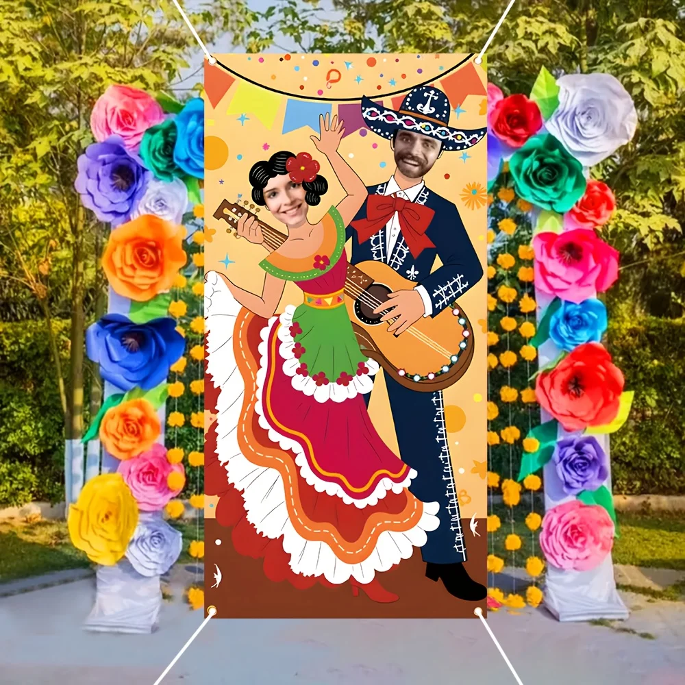 Banner de puerta 2D, 1 unidad, Fiesta mexicana, foto de pareja, tela de poliéster, fondos de fiesta, decoraciones de fiesta mexicana Cinco de Mayo