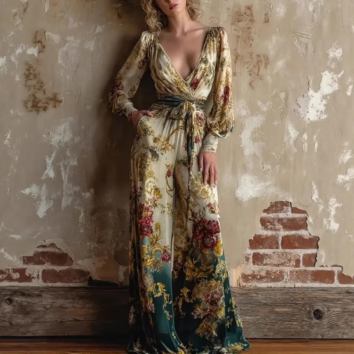 

Летний женский комбинезон 2026 в стиле бохо-ретро с принтом, сексуальный, с глубоким V-образным вырезом, длинными рукавами, завышенной талией, на шнуровке, с широкими штанинами