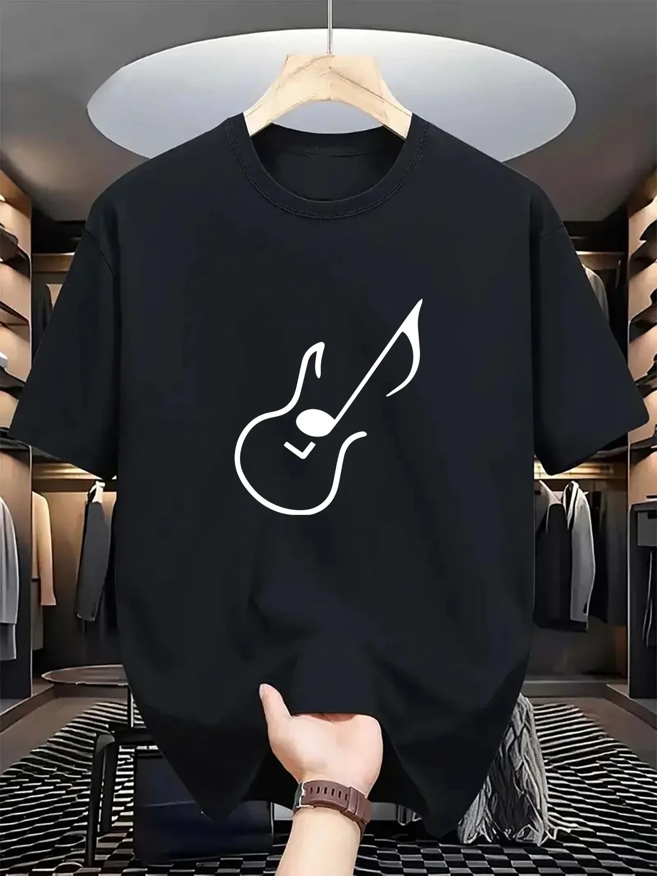 

Creative guitar design on a sports car pattern printed T-shirt.Men's summer short-sleeved round-neck T-shirt 100% cotton