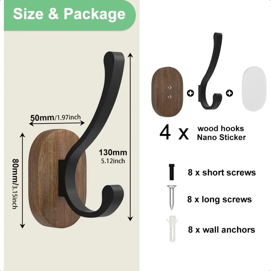Wall Hooks for Hanging Coats 4 Pack Coat Hooks Wall Mounted Wood Coat Hooks for Wall Single Metal Hooks for Hanging Hats Keys T