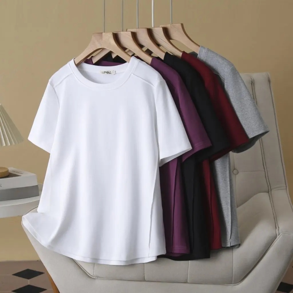 プラスサイズの女性の Tシャツ夏シンプルな半袖クルーネックプリーツストレッチトップ無地オールマッチインナーウェア 023