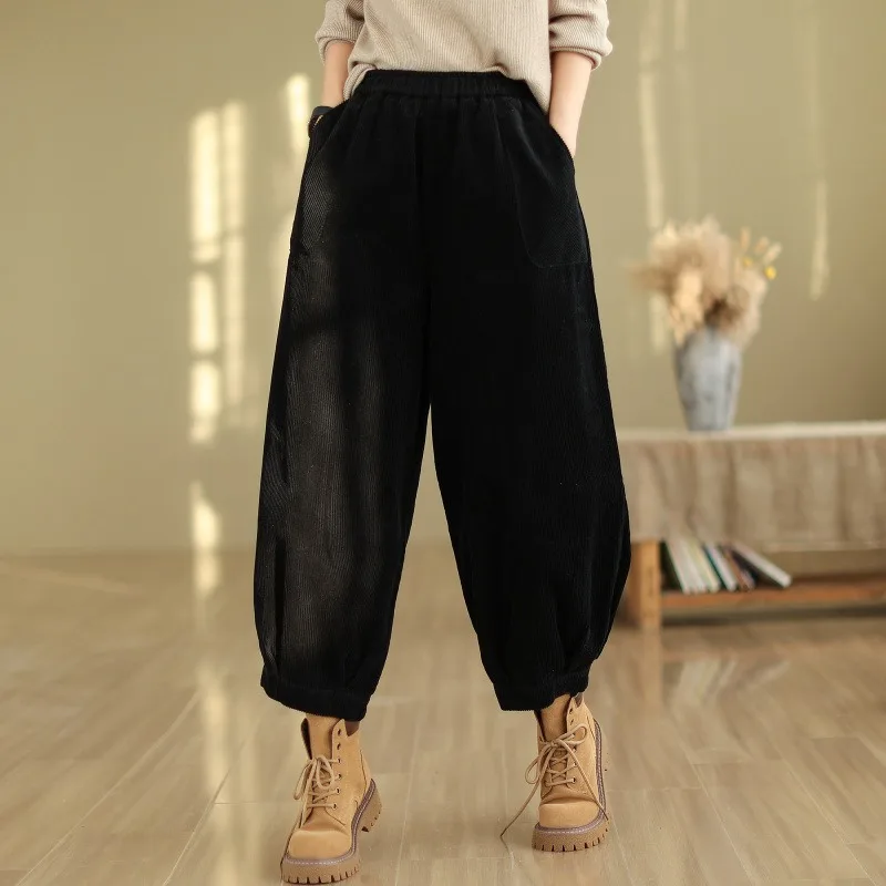 กางเกงฮาเร็มผ้าลูกฟูกสีพื้นสไตล์ญี่ปุ่นและเกาหลี รุ่นใหม่ กระเป๋าใหญ่ ทรงหลวม ใส่ได้หลายโอกาส สำหรับผู้หญิง