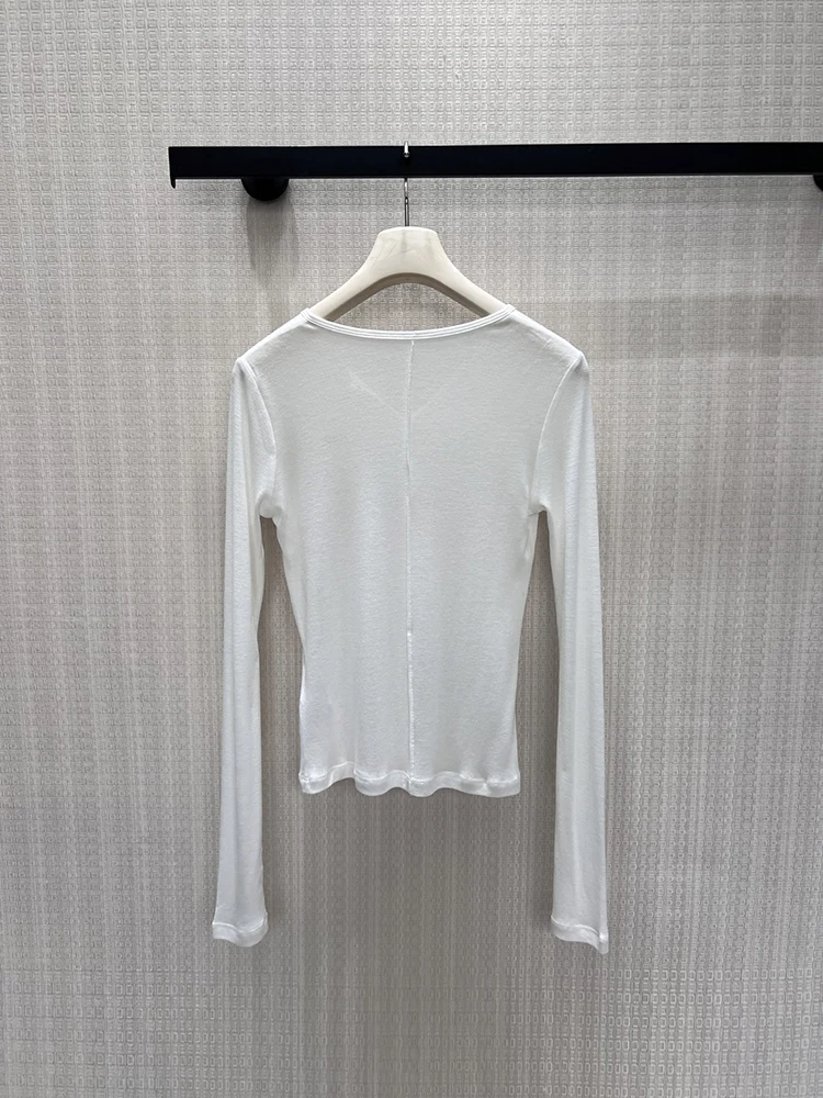 Spring Summer Fashion White Color Simplicity Thin Style Knitting Pullovers Women's O-Neck Button Slim Long Sleeve Base Shirt