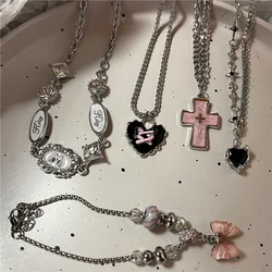 Kpop Gothic Punk Pink Cross Heart Bowknot Pendant Chain Necklace Women Charm Vintage Aesthetic Y2k EMO 2000s Jewelry Accessories