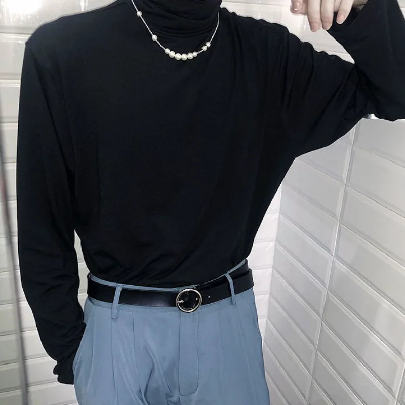 Korean Fashion Winter Fleece Half-high Collar Tshirt Men Solid Color Bottoming Shirt Casual Harajuku Long Sleeve Mens T Shirts