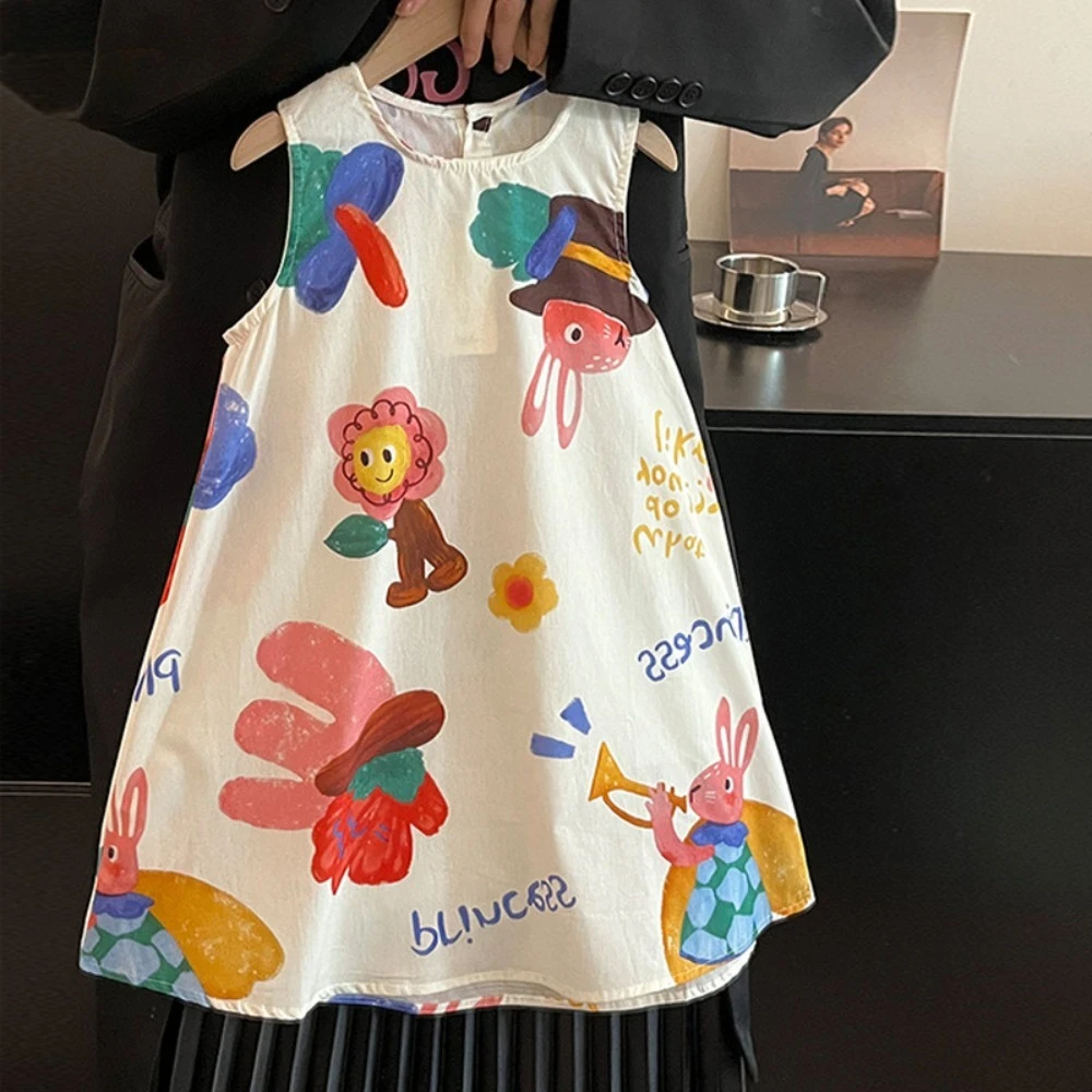 

Summer New Kids Casual Cute Cartoon Pattern Print Sleeveless O-Neck A-Line Dress 1 Pc 2-7 Years Girls Fashion Simple Clothes