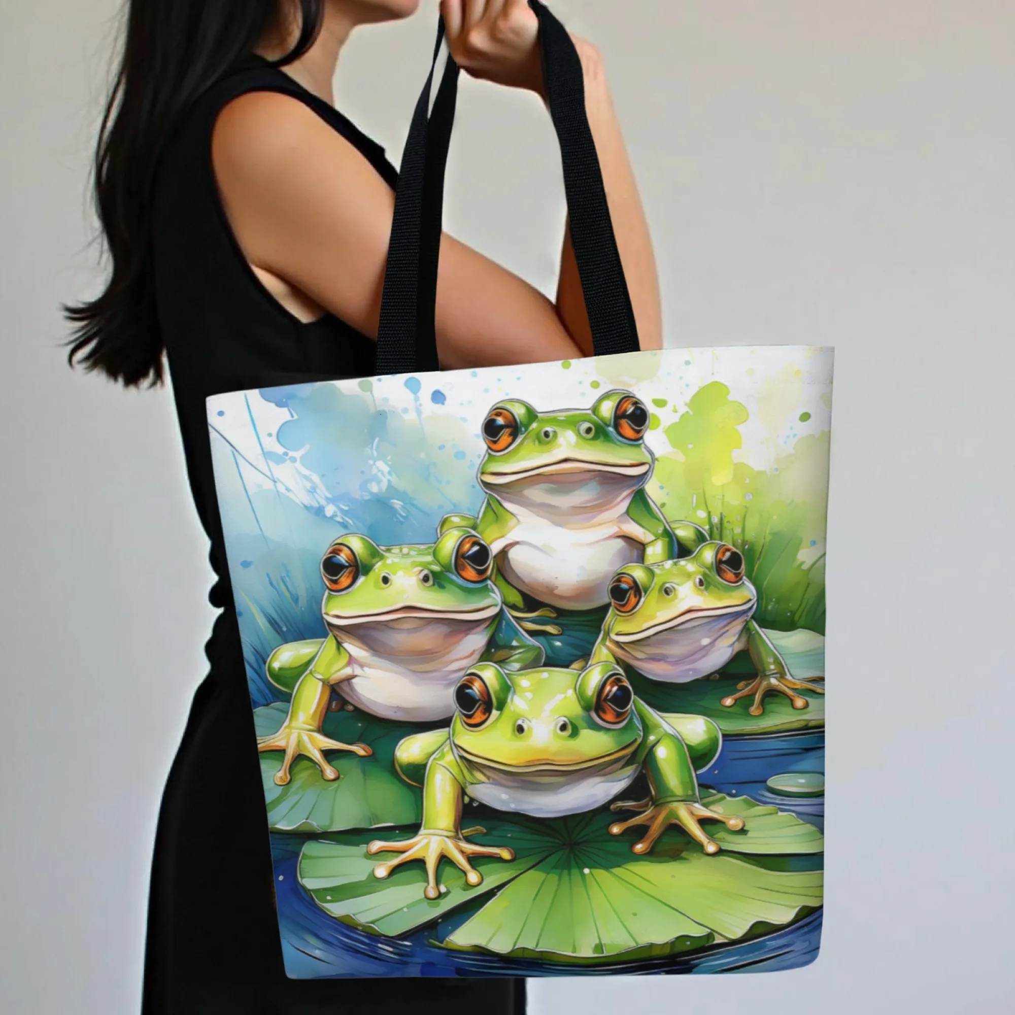 

Fantasy Frog Handbag Cute Cartoon Lotus Pond Print Bag Casual Daily Funny Shoulder Shopper Bag Women'S Shopping Tote Bag