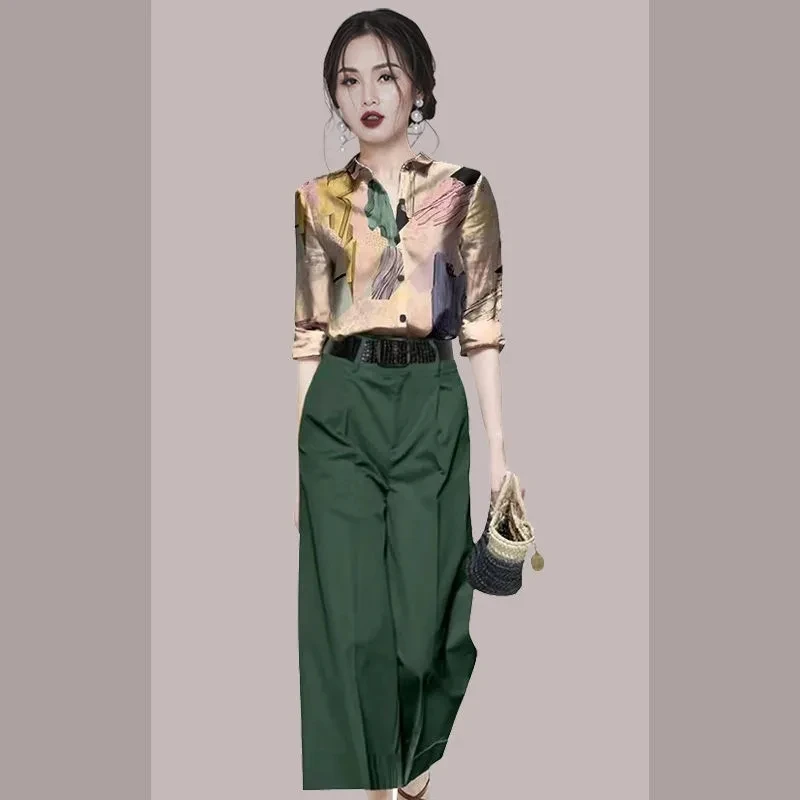 Streetwear Fashion Ladies Gradient Color Pant Suit Female 2022 Summer New Western Style Shirt Wide-leg Pants Two-Piece Suit Tren