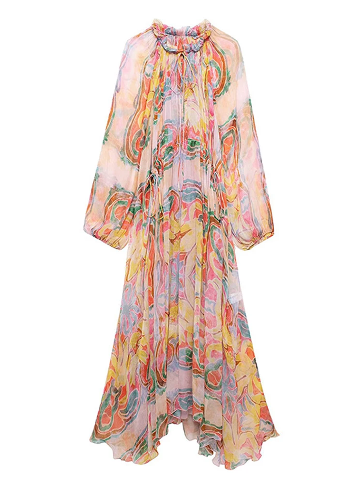 Elegant Print Long Dress Women Fashion Tie Dye Lantern Sleeve Female Dresses 2024 V-neck Loose Prairie Chic Holidays Lady Robe