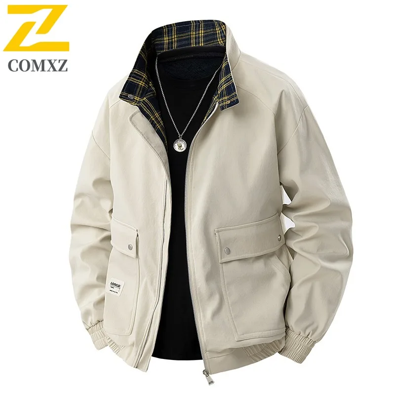 

COMXZ 2025 Мужская куртка больших размеров, осенняя клетчатая куртка с воротником-стойкой, ветровка для путешествий, кемпинга, легкая, роскошная верхняя одежда