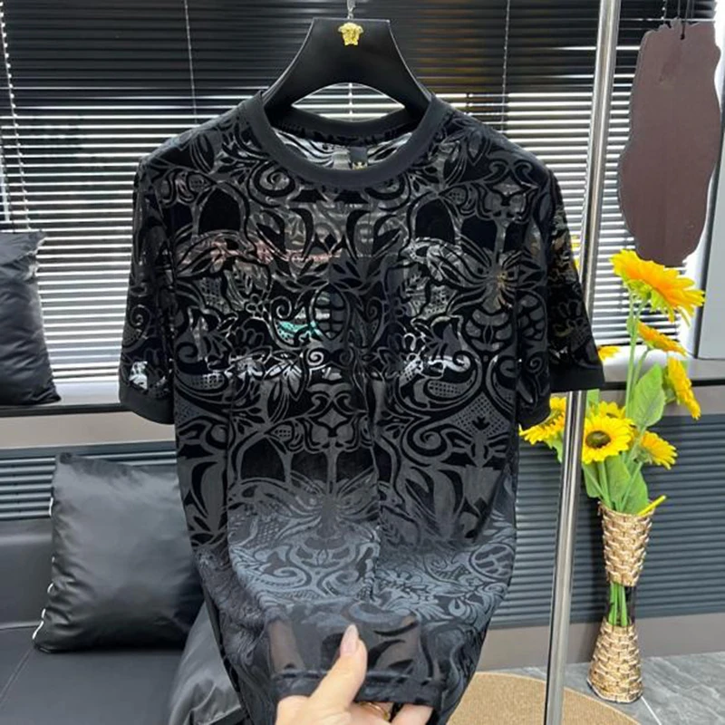 Trendy Jacquard Hollow T-shirts Men Ice Silk Breathable See Through Round Neck T-shirt Short Sleeve Casual Social Nightclub Tee