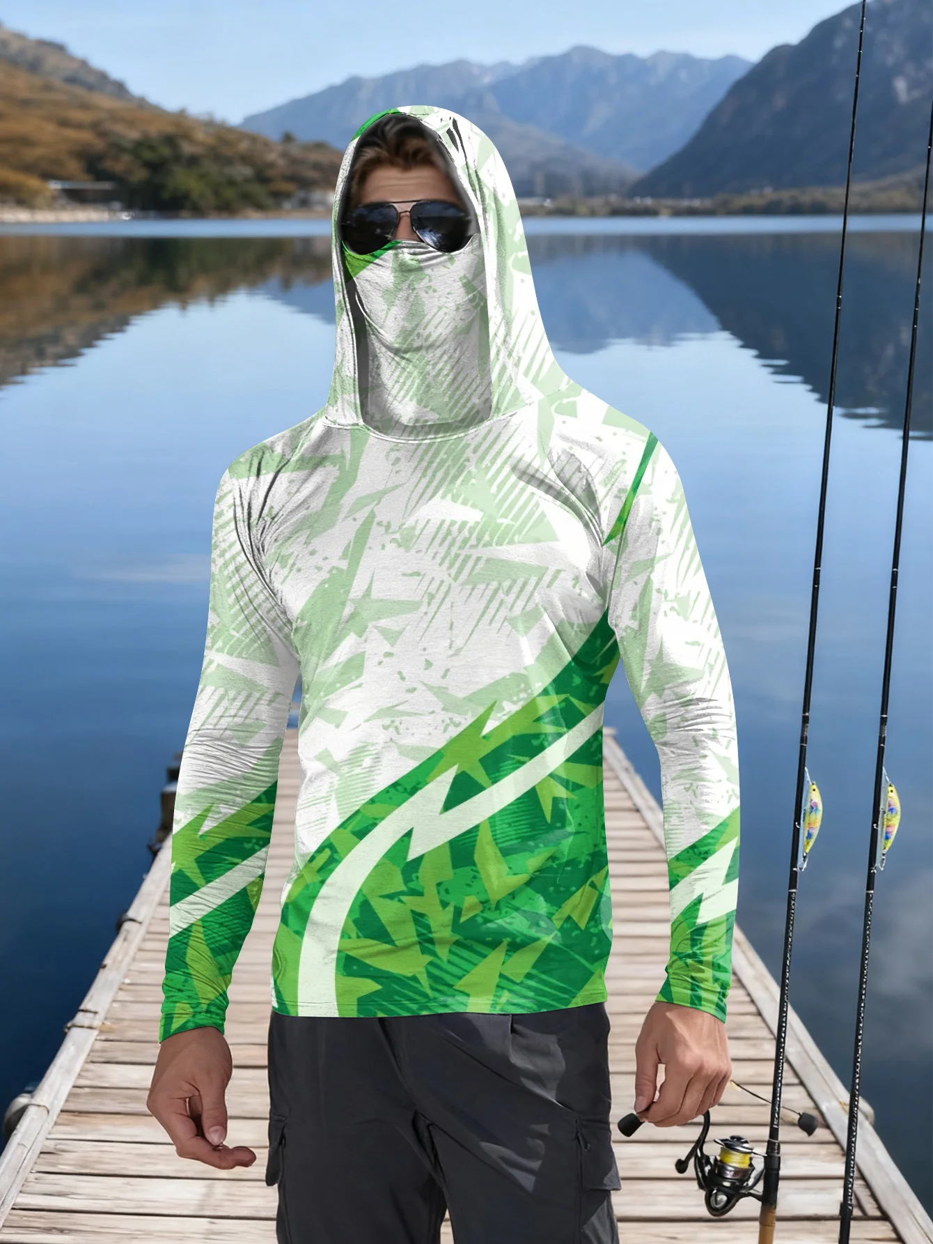 Men's Fishing Hooded Long-Sleeved Camouflage Sunscreen Breathable Anti-UV Lightweight Sweat-Resistant Fishing Shirt