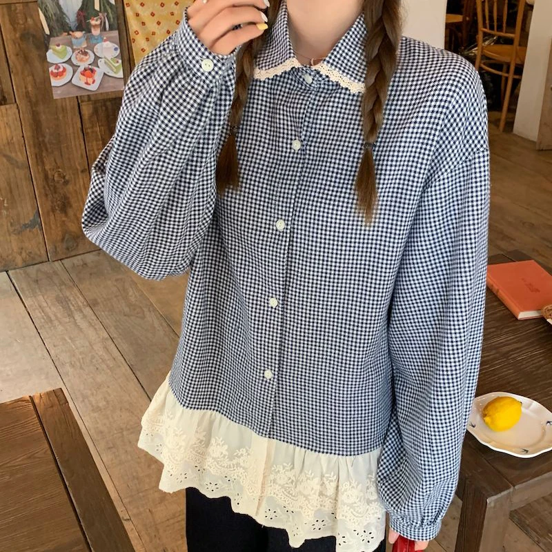 Sweet Plaid Women Shirt Cute Long Sleeve Blue Patchwork Bouse Lace Peter Pan Collar Single Breasted Preppy Style Top