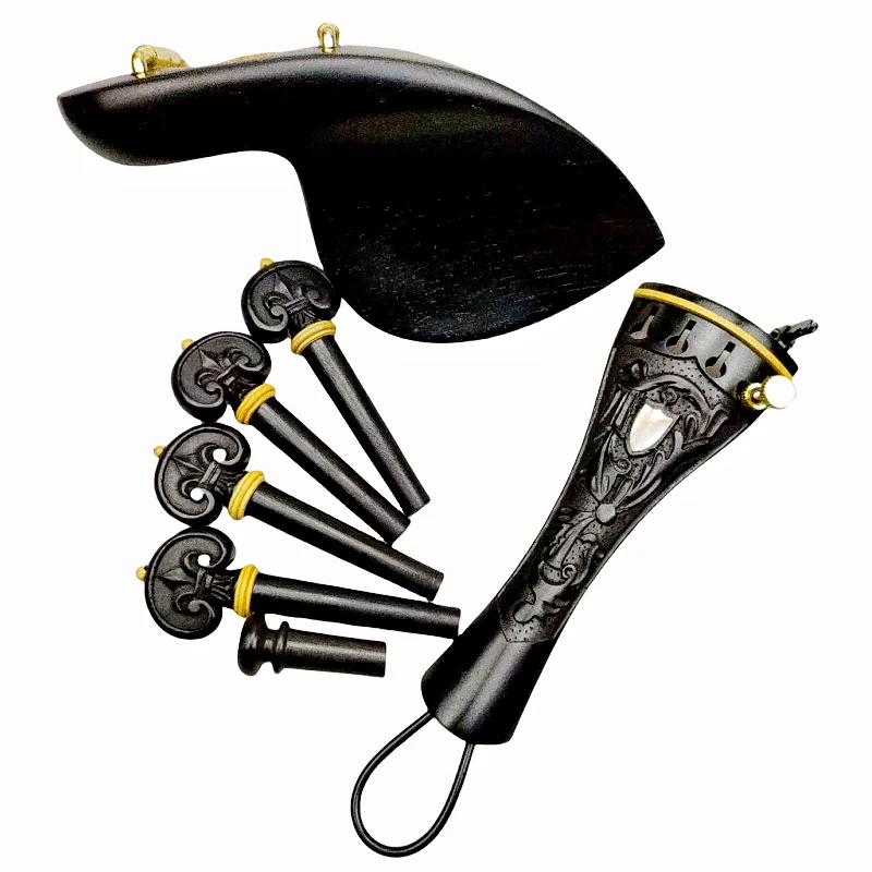 Ebony Wood Set Carved Patterns Violin Fittings Peg Tailpiece Chinrest Endpin Installed Screw Fine-tuner Tail Gut