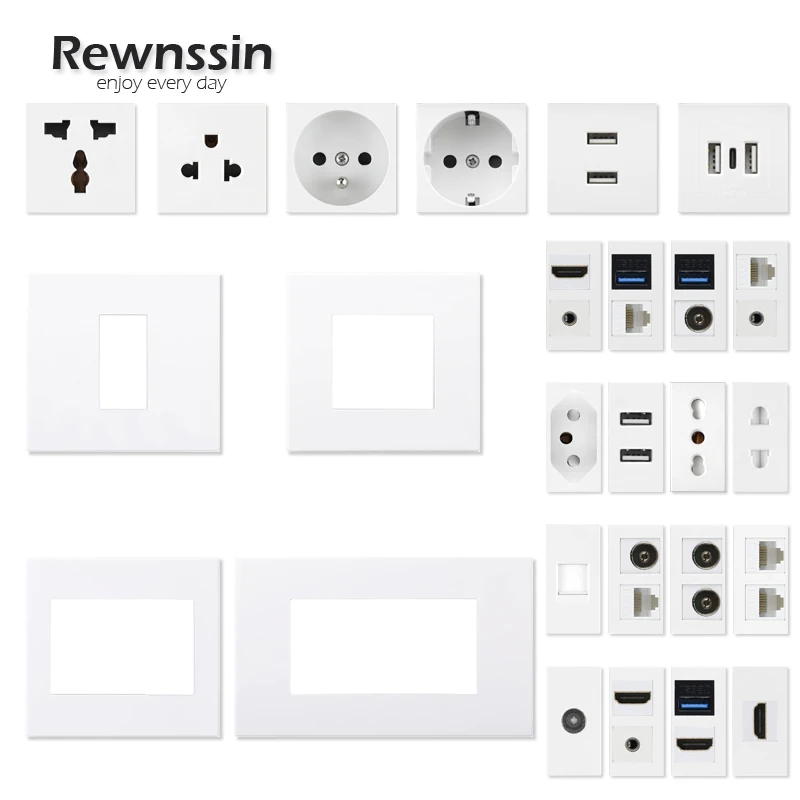 DIY Wall Outlets Module Italy Brazil EU FR Electrical Sockets,HDMI Data USB 3.0,Cat5e CAT6 TV Network Ports,Type C Satellite