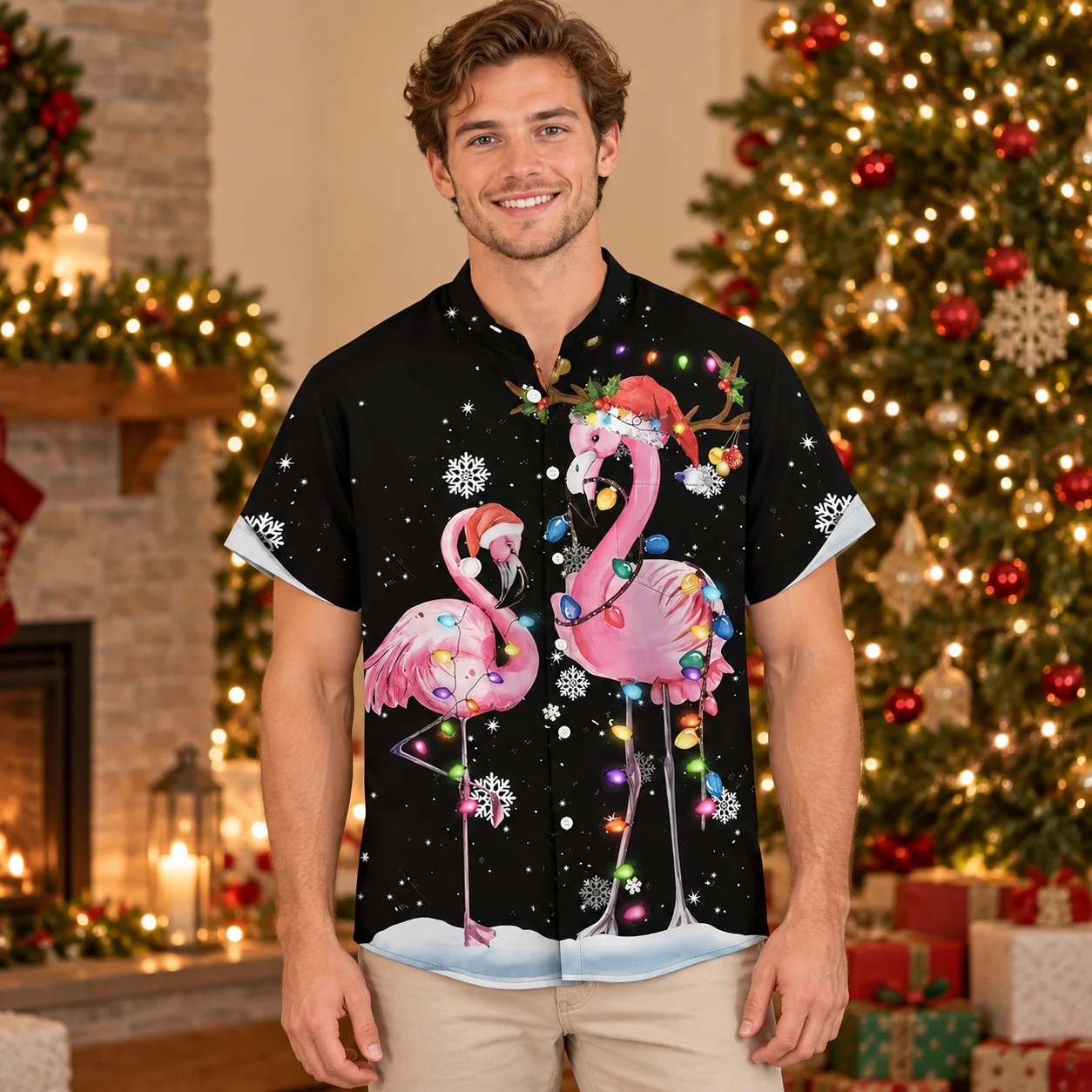 Blouses Flamingo Christmas Shirts with Colorful Lights and Snowflakes Black Hawaiian Shirt Short Sleeve Button Up Holiday Styles