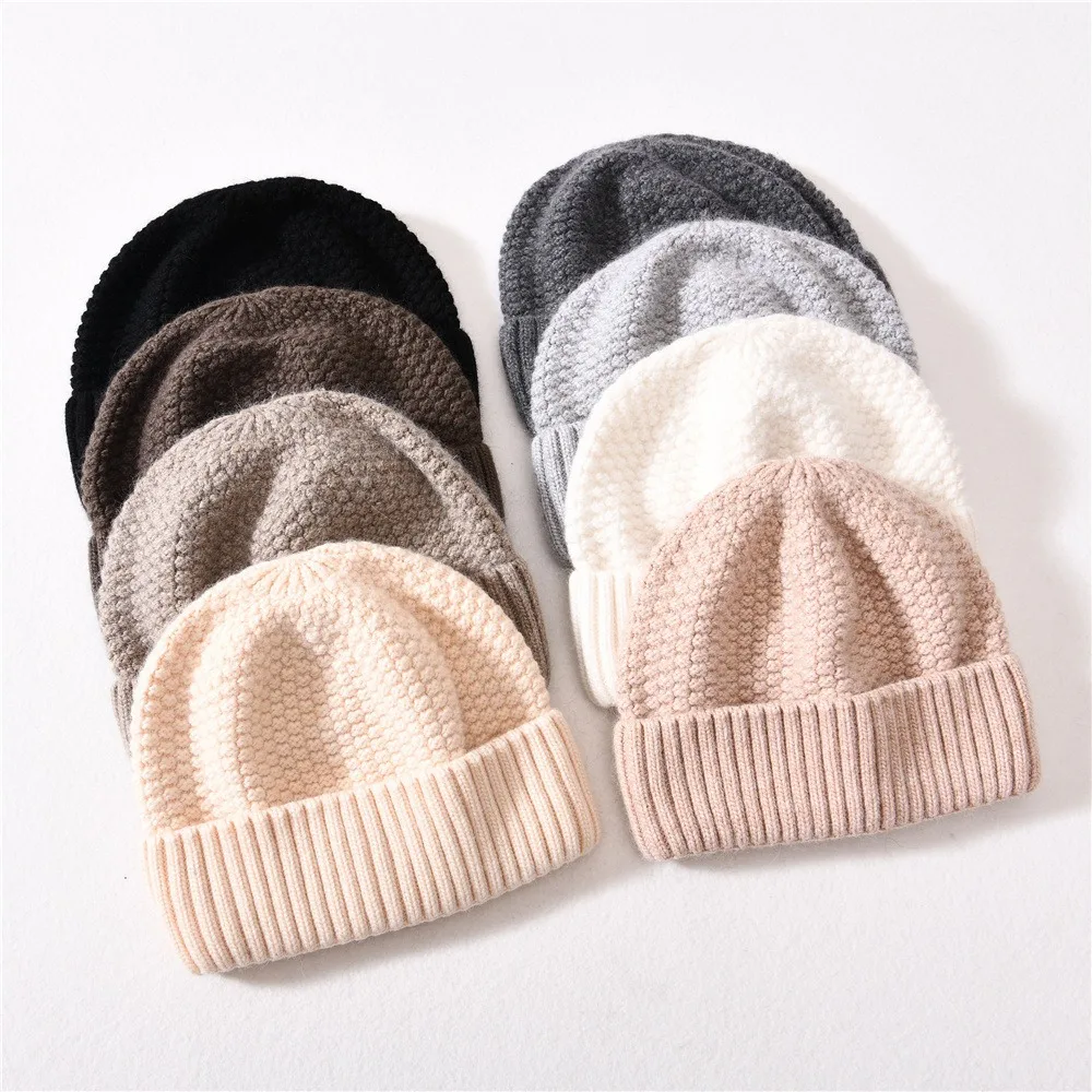 Men'S And Women'S Corn Striped Solid Color Knitted Hat For Outdoor Warmth, With Folded Yarn And Brimless Beanie Headpiece