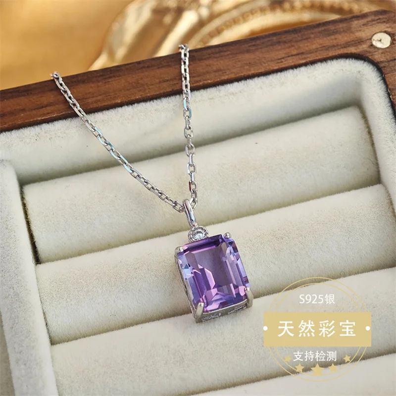 

Genuine S925 Silver Necklace Pendant for Women Authentic Natural Amethyst Gemstone Fine Lady Jewelry Fine