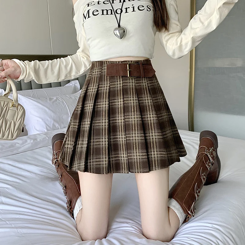

Осенне-зимняя шерстяная юбка в клетку для женщин, с высокой талией, плиссированная, объемная, стройнящая, в корейском стиле, для повседневной носки и городского образа