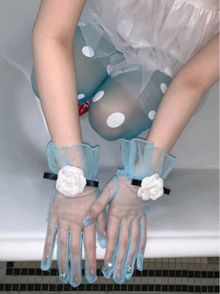 Fashion Women Sheer Tulle Gloves Aesthetics Blue Ruffle Wrist White Camellia Flower Black Satin Ribbon Wedding Cosplay Accessory
