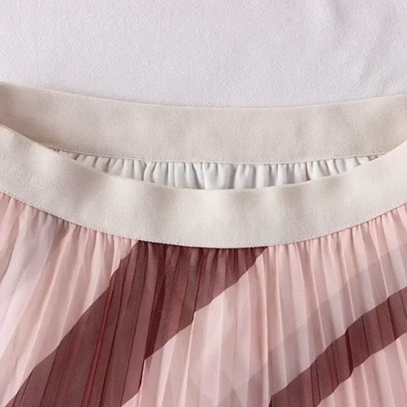 Summer Skirts Women's Pleated Mesh Contrast Striped Elastic High Waist A-line Skirt
