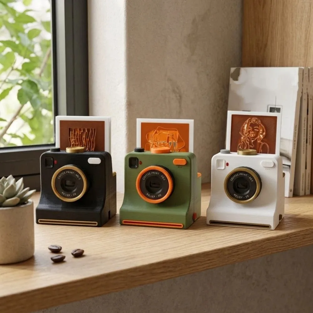 Funny 3D Printed Latte Camera Replaceable Cards One Touch Press Coffee Powder Print Camera Included Stencils Plastic