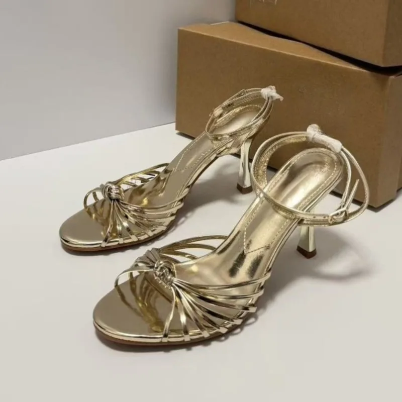 Summer High Heels Women Roman Sandals Open Toe Vintage Twisted Knot Ankle Strap Party Wedding Evening Date Ladies Dress Shoes