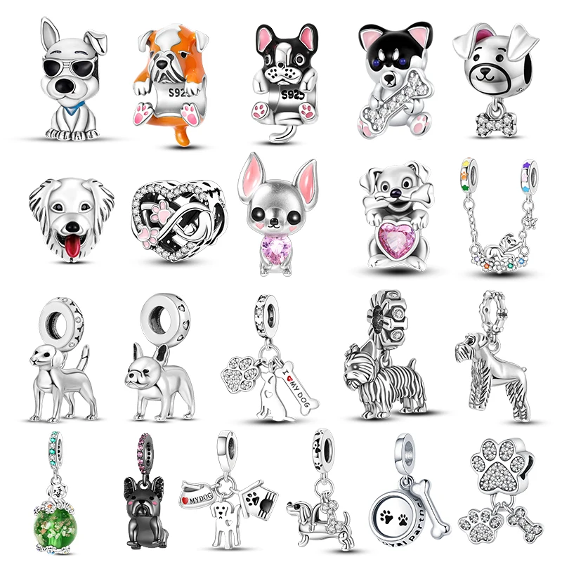 Abalorios de Plata de Ley 925 para perro, Schnauzer, Bulldog Francés, cuentas de pata de cachorro, colgante Original para pulsera de mujer, joyería DIY