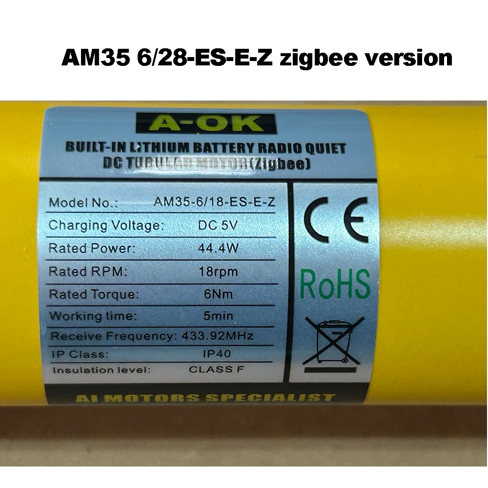 Motor tubular A-ok, obturador do rolo, motor da bateria Li, AM35-6 18-ES-E