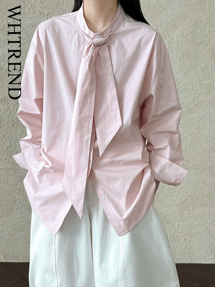 WHTREND Camicia in tinta unita con cravatta design stile coreano per donna 2025 Nuova camicia casual allentata elegante WH1726